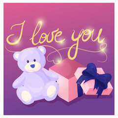 vector illustration: pink box,soft bear and handwritten greetings. Ideal for banners, posters, cards, or postcards with a love or Valentine's Day theme.