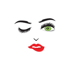 Fototapeta premium Beautiful woman face with red lips vector. Fashion model face close up, vector illustration. Beautiful woman face Eyebrow eyelashes sexy lips. EPS10.