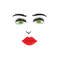 Beautiful woman face with red lips vector. Fashion model face close up, vector illustration. Beautiful woman face Eyebrow eyelashes sexy lips. EPS10.