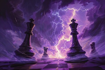 Four prominent chess pieces including two kings and two rooks are placed on a chessboard - obrazy, fototapety, plakaty