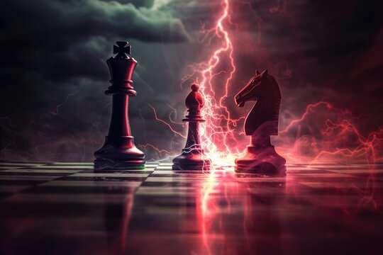 dramatic and intense depiction of a chess game amidst a powerful storm