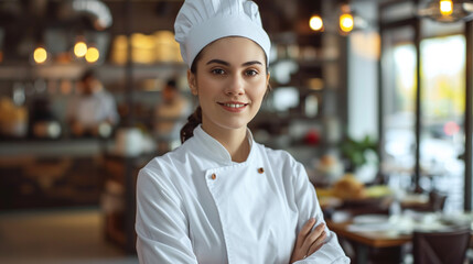 Fototapeta premium a woman chef with cross arm pose with kitchen background