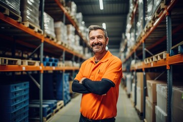 a smiling warehouse worker standing in an orange shirt near large shelves full of racking
