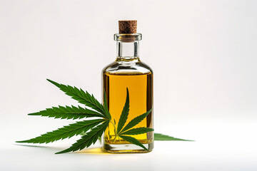 CBD cannabis oil bottle with green marijuana leafs isolated on white background with copy space