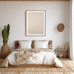 Cozy Bedroom Interior with Neutral Tones and Wooden Decor