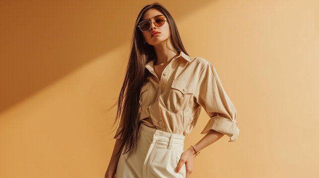 young woman fashion model posing in studio