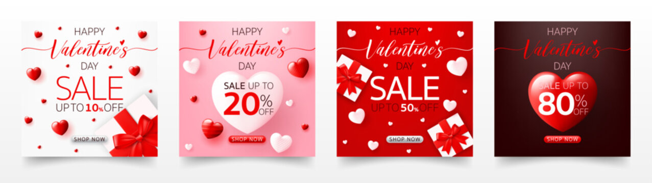Set of 3D Happy valentine’s day sale banner template. special discount promotion sale offer with cute gift box, heart background for valentine online shop, store, advertising card, social media post