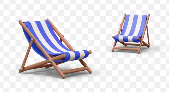 Realistic wooden deck chair for outdoor recreation. Blue and white striped folding lounger. Set of beach furniture in different positions. Empty hammock chair