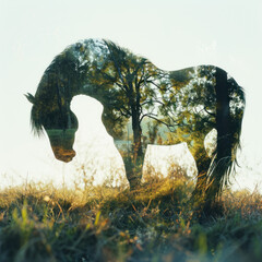 Silhouette horse with double exposure of grass in the meadow