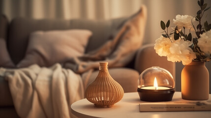 Fototapeta na wymiar Spa equipment,Warm and inviting home setting featuring a lit candle, fresh flowers in a vase, and a comfortable couch with pillows.