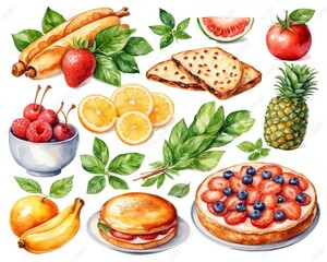 Watercolor Food Illustration with Fruits and Fast Food