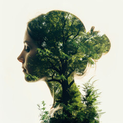 Silhouette woman with double exposure of foliage