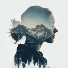 Silhouette woman with double exposure of natural mountains