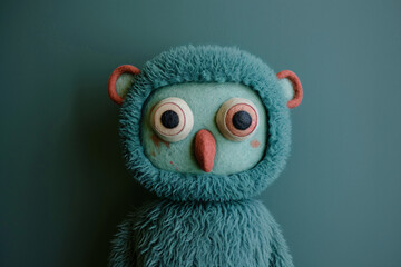 blue fuzzy creature with large eyes and tiny ears on grey