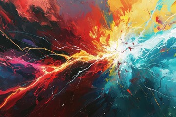 painting exudes energy and movement with its dynamic strokes and splatters