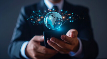 businessman holding phone with virtual screen earth globe