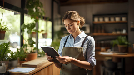 Waitress Using Digital Tablet to View and Manage Orders in Coffee Shop