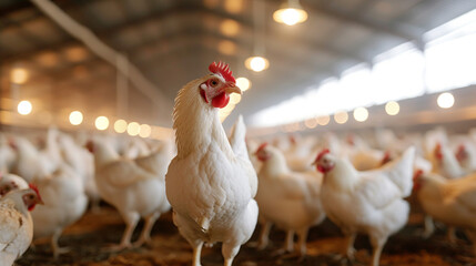 close up white chicken in cage farm