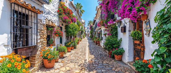 Fototapeta na wymiar picturesque village with white washed facades and lots of flowers