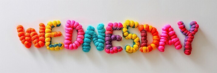 The word Wednesday in colorful felt letters on white background