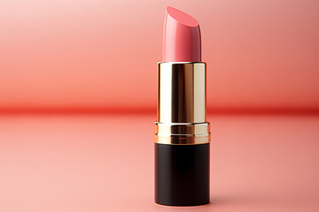 Nude peach lipstick with a minimalistic coral backdrop. Advertising image for a cosmetics brand. Website banner with copy space for a beauty site. Lifestyle concept.
