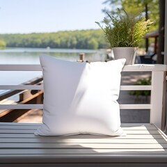 Blank 14x14 white decorative accent throw pillow sitting on bench in front entry way by a lake house, lake house aesthetic, lifestyle mockup