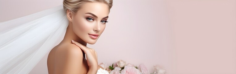 Naklejka premium Wedding Birdal inspired, Blonde beautiful lady banner pink background, Beauty tips for girls, wedding makeup, subtlety, banner with copy space