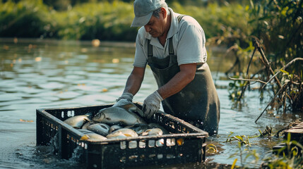 a man fish farmer is taking fish in the river
