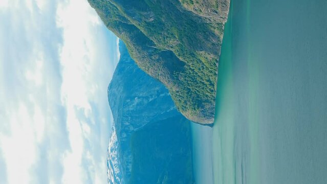 Sogn And Fjordane Fjord, Norway. Amazing Fjord Sogn Og Fjordane. Summer Scenic View Of Famous Natural Attraction Landmark And Popular Destination In Summer. Zoom Out, Zoom. Bold Colors. Travel To