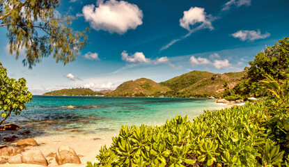 Amazing tropical landscape of Praslin, Seychelles. Beach and vegetation