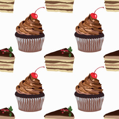 Vector pattern with chocolate cupcake and cake