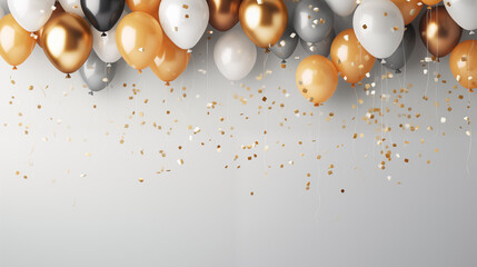 Festive background of gold, black, and white balloons with shiny golden confetti, perfect for celebrations and parties.