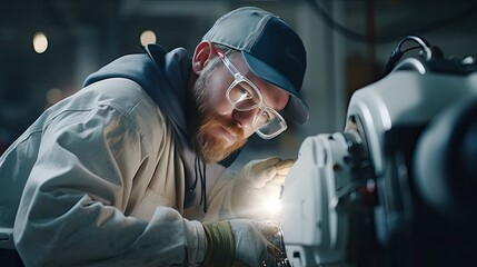 A milling machine operator works in a factory shop. Universal lathe operator at work. Specialist in the enterprise. Illustration for cover, card,  interior design, poster, brochure or presentation.