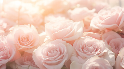 A bouquet of delicate pink roses illuminated by a soft, warm light, creating an intimate and romantic floral scene.