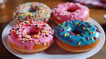 Yummy doughnuts covered with colorful glaze and sprinkles lie in a plate. Sweet for breakfast. Illustration for card, poster, cover, brochure, advertising, marketing or presentation.