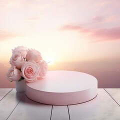 Fototapeta na wymiar A tranquil scene of soft pink roses with podium against a sunrise backdrop background 