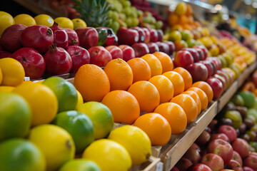 Colorful array of fresh fruits arranged neatly on a market stall, highlighting healthy choices.