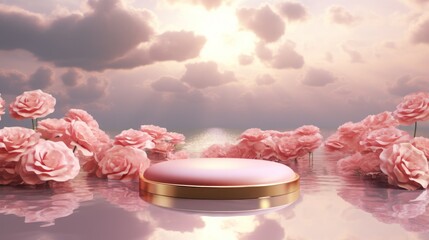 A tranquil scene of soft pink roses with podium against a sunrise backdrop background 