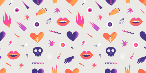 Dangerous hearts. Seamless pattern. Creative Valentines Day design. Punk art. Mystical vector illustration in yellow, purple, pink colors. Hand drawn style. Wallpaper, wrapping paper, textile, banner