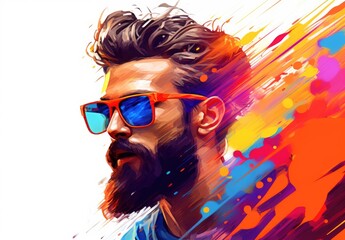 Close-up of the head of a handsome man in a suit and sunglasses. Fashionable image of a male model with a stylish hairstyle in a watercolor style. Avatar for social networks. Illustration for cover. - obrazy, fototapety, plakaty