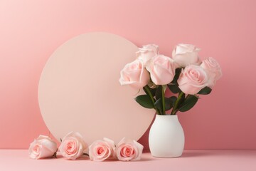 A vase of roses set against a circular backdrop on a pink backdrop studio background