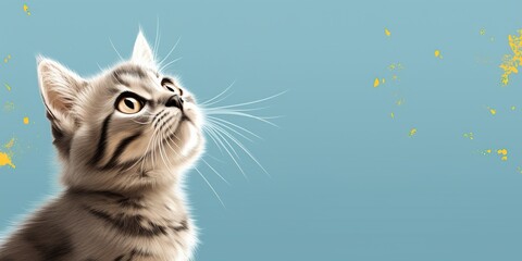 Cute banner with a cat looking up on solid blue background
 - obrazy, fototapety, plakaty