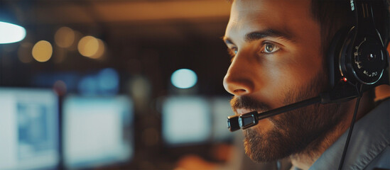 Portrait of young call center operator with headset working in office. - obrazy, fototapety, plakaty