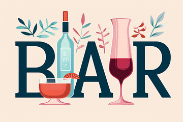 Minimalistic bar graphic with wine bottle and glasses among foliage - obrazy, fototapety, plakaty