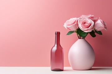 Pink rose bouquets in varying-sized vases on a pink studio backdrop background