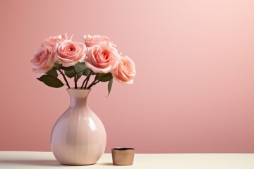 Pink rose bouquets in varying-sized vases on a pink studio backdrop background