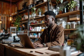 A young black male business owner runs a successful online and brick-and-mortar business.