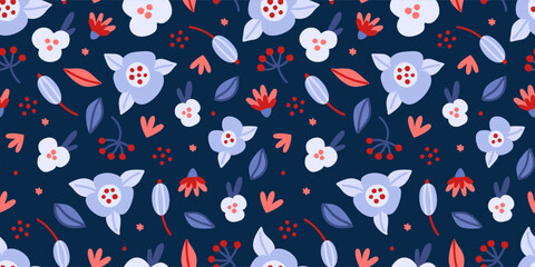 Floral seamless pattern. Hand drawn simple flowers. Dark background with blue, red blossom. Design for banner, wallpaper, textiles, wrapping paper, cover notebook, header. Vector illustration