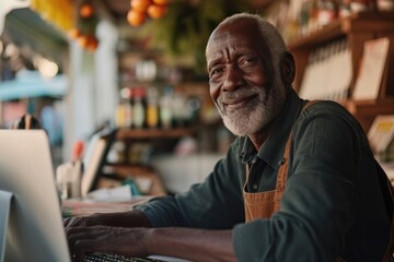Obraz premium A black senior male business owner runs a successful online and brick-and-mortar business.