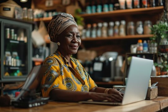 A Black senior female business owner runs a successful online and brick-and-mortar business.